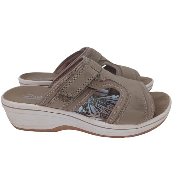 Clarks Collection Sandals Neutral Tan Comfort Wedge Slip On Adjustable Womens 7M - Picture 15 of 16